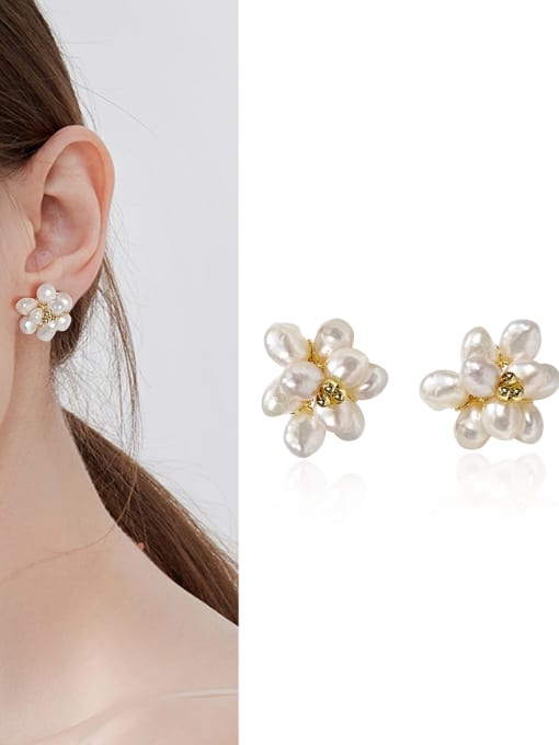 ARTINI Brass Freshwater Pearl White Lace Flower Minimalist Stud Earring 3