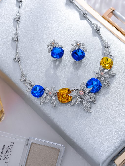 ARTINI Statement Flower Tin Alloy Glass Stone Blue Earring and Necklace Set 1