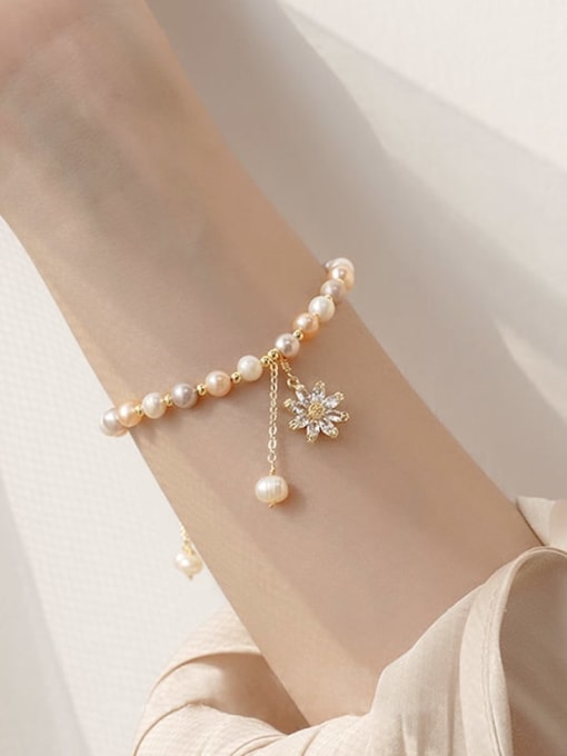 ARTINI Brass Freshwater Pearl Gold Flower Minimalist Adjustable Bracelet 2