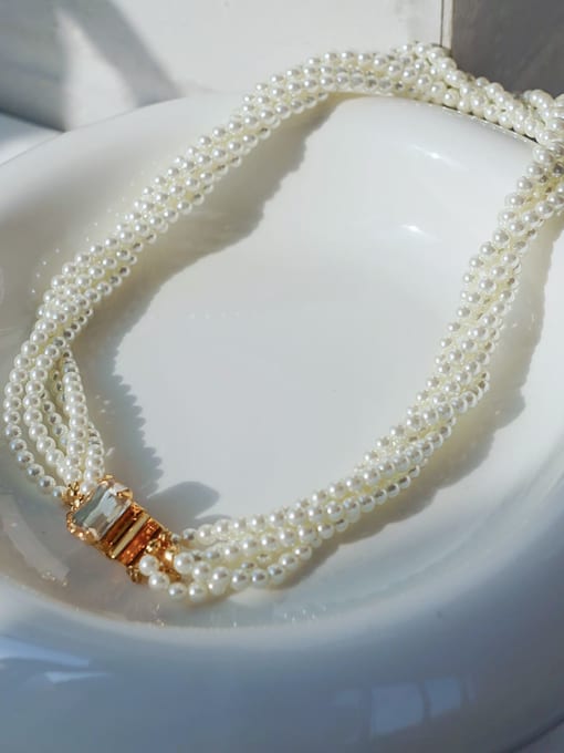 ARTINI Brass Synthetic Crystal White Glass beads Geometric Dainty Bib Necklace 1