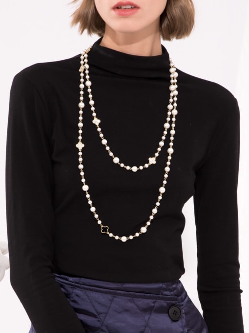 ARTINI Brass Imitation Pearl White Clover Minimalist Long Strand Necklace 3