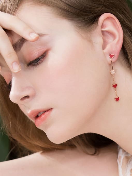 ARTINI Brass Red Acrylic Heart Dainty Threader Earring 2