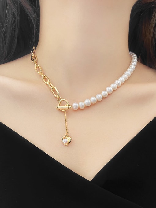 ARTINI Brass Freshwater Pearl Gold Heart Minimalist Beaded Necklace 3