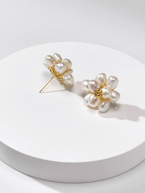 ARTINI Brass Freshwater Pearl White Lace Flower Minimalist Stud Earring 2