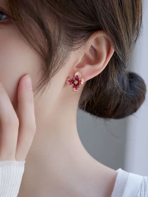 ARTINI Alloy Synthetic Crystal Pink Flower Minimalist Stud Earring 3