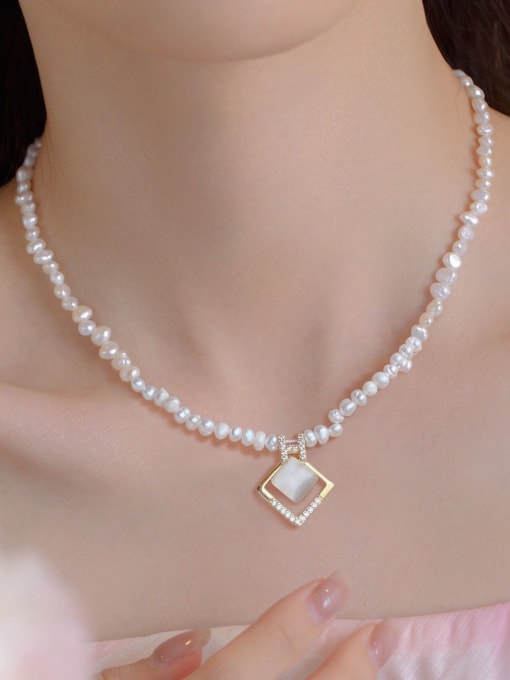 ARTINI Brass Freshwater Pearl White Geometric Minimalist Beaded Necklace 4