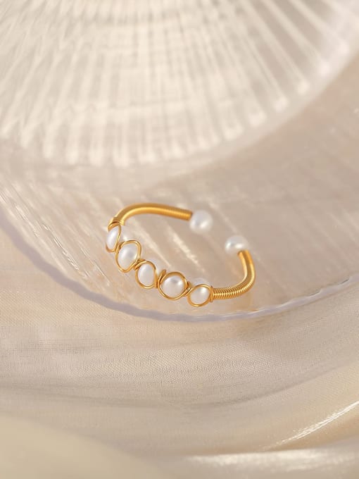 ARTINI Brass Freshwater Pearl White Round Minimalist Band Ring 1