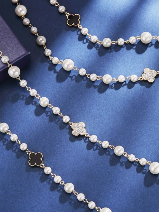 ARTINI Brass Imitation Pearl White Clover Minimalist Long Strand Necklace 2