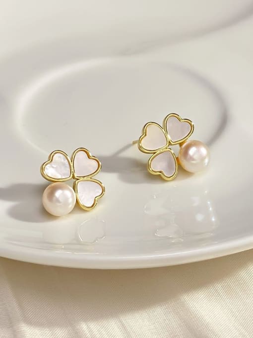 ARTINI Brass Freshwater Pearl White Flower Minimalist Stud Earring 1