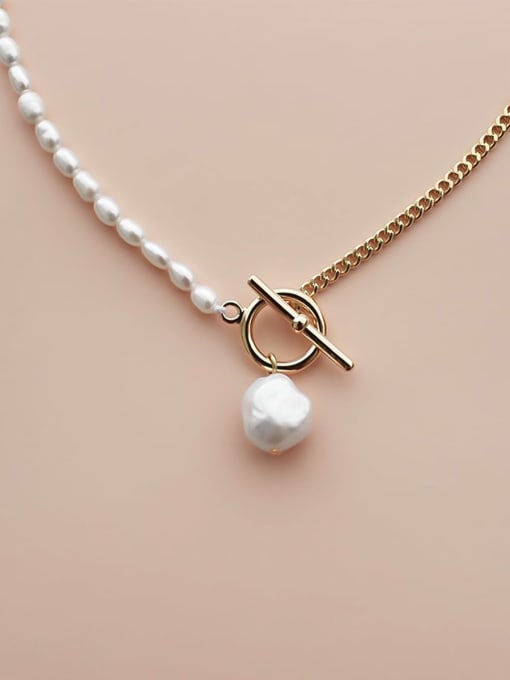 ARTINI Brass Freshwater Pearl White Minimalist Link Necklace 0