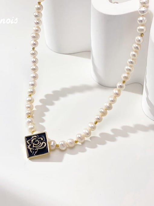 ARTINI Brass Freshwater Pearl Black Square Minimalist Beaded Necklace