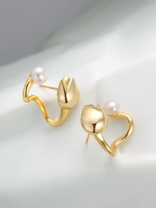 ARTINI Brass Freshwater Pearl White Flower Minimalist Stud Earring 2