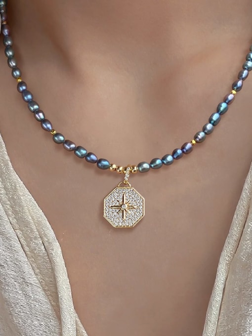ARTINI Brass Freshwater Pearl Gray Star Minimalist Beaded Necklace 2