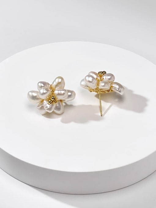 ARTINI Brass Freshwater Pearl White Lace Flower Minimalist Stud Earring 1