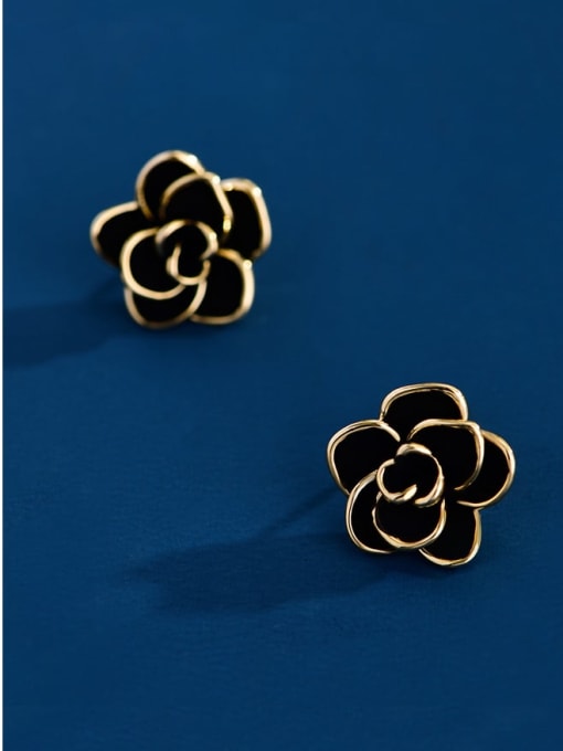 ARTINI Brass Black Enamel Flower Minimalist Stud Earring