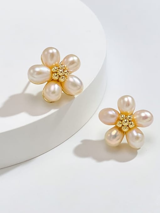 ARTINI Brass Freshwater Pearl Gold Flower Minimalist Stud Earring 0
