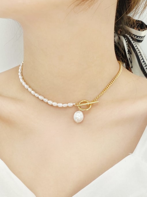ARTINI Brass Freshwater Pearl White Minimalist Link Necklace 3