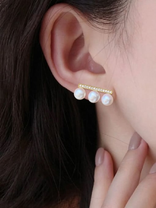 ARTINI Brass Freshwater Pearl White Rectangle Minimalist Stud Earring 3
