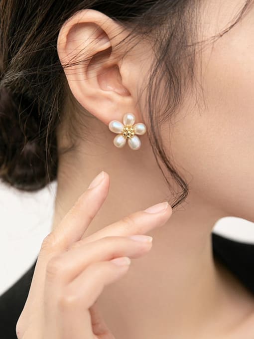 ARTINI Brass Freshwater Pearl Gold Flower Minimalist Stud Earring 1