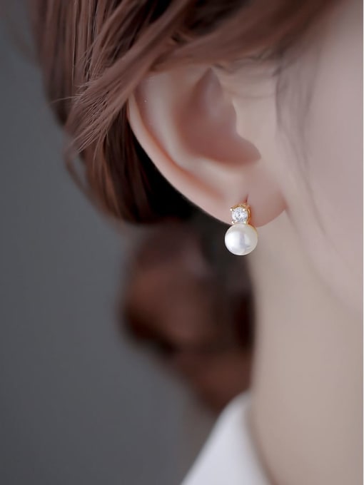 ARTINI Brass Freshwater Pearl White Round Minimalist Stud Earring 2