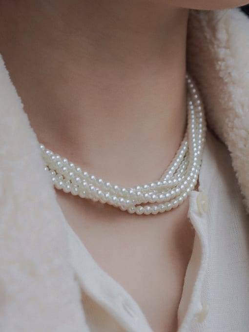 ARTINI Brass Synthetic Crystal White Glass beads Geometric Dainty Bib Necklace 3