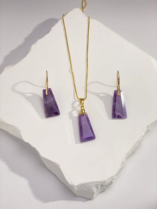 Amethyst set Minimalist Geometric Brass Natural Stone Multi Color Stone Earring and Necklace Set