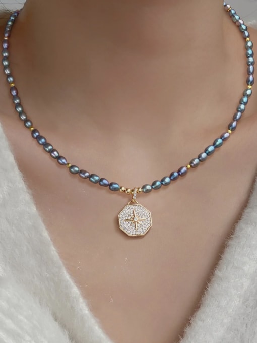 ARTINI Brass Freshwater Pearl Gray Star Minimalist Beaded Necklace 3