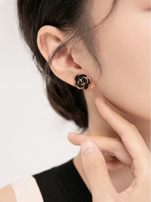 ARTINI Brass Black Enamel Flower Minimalist Stud Earring 3
