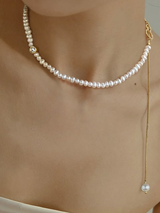 ARTINI Brass Freshwater Pearl Gold Pear Shaped Minimalist Tassel Necklace 4