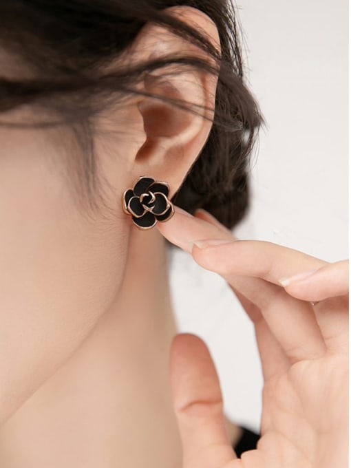 ARTINI Brass Black Enamel Flower Minimalist Stud Earring 2