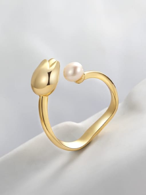ARTINI Brass Freshwater Pearl White Flower Minimalist Band Ring 2