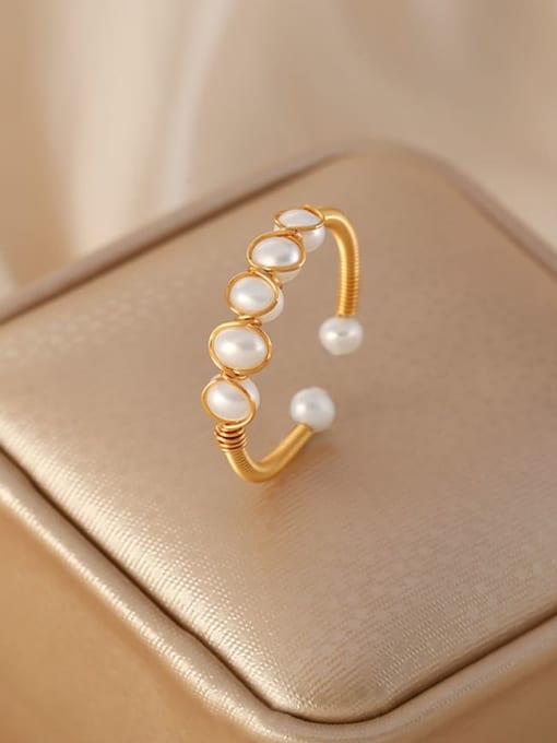 ARTINI Brass Freshwater Pearl White Round Minimalist Band Ring 0
