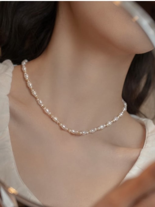 ARTINI Brass Freshwater Pearl White Minimalist Beaded Necklace 4