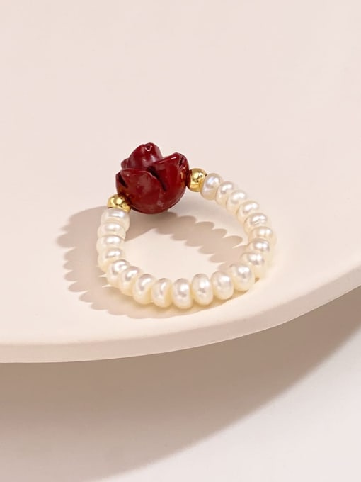 ARTINI Brass Freshwater Pearl White Flower Minimalist Bead Ring 2
