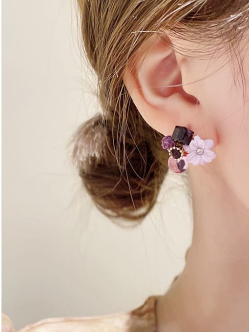 ARTINI Alloy Synthetic Crystal Purple Acrylic Flower Dainty Stud Earring 3