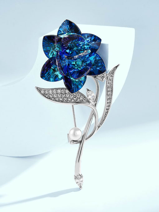 ARTINI Brass Crystal Blue Flower Minimalist Pins & Brooches 0