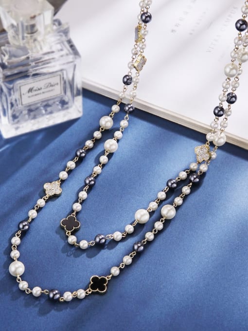 ARTINI Brass Imitation Pearl White Clover Minimalist Long Strand Necklace 1