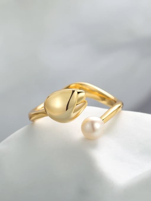 ARTINI Brass Freshwater Pearl White Flower Minimalist Band Ring 3