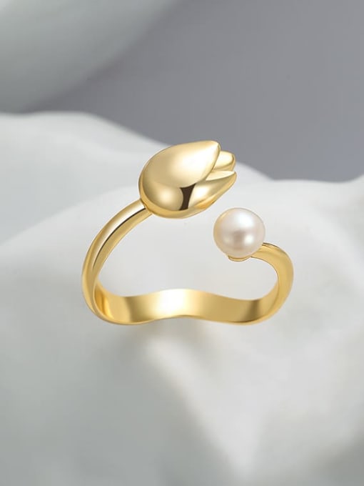 ARTINI Brass Freshwater Pearl White Flower Minimalist Band Ring 1