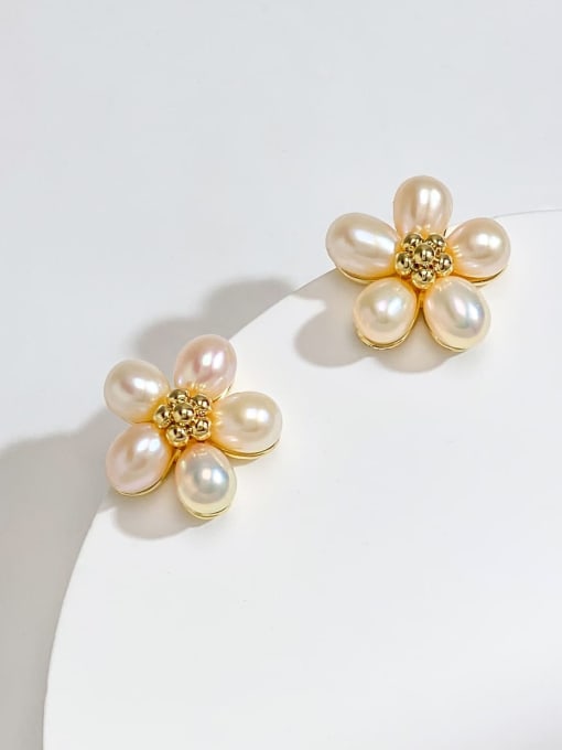 ARTINI Brass Freshwater Pearl Gold Flower Minimalist Stud Earring 2