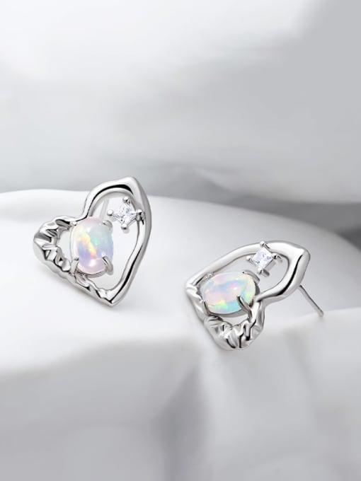 ARTINI 925 Sterling Silver Opal Blue Heart Minimalist Stud Earring 1