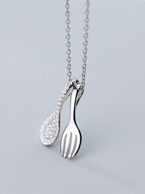 Silver 925 Sterling Silver With Cubic Zirconia Personality ISpoon Fork Necklaces
