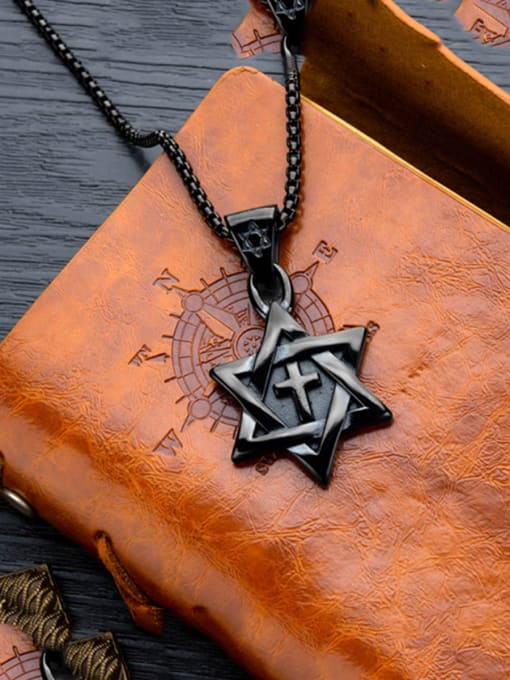 Black Pendant + Chain Stainless Steel With   Two-Tone  Plating Personality Six-Star Cross Men's  Pendants