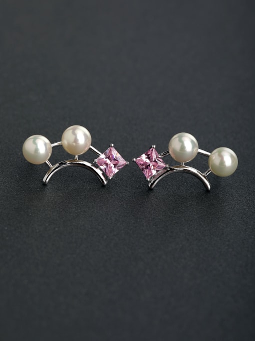 Lin Liang Micro inlay pink Zircon Imitation pearls 925 silver Drop Earrings 0