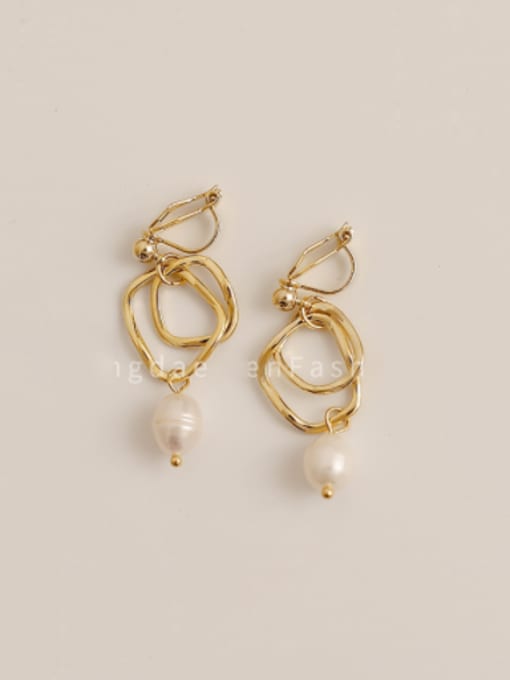 14k Gold Ear clip Brass Imitation Pearl Geometric Minimalist Drop Trend Korean Fashion Earring