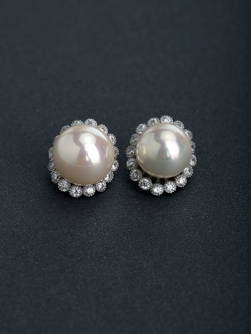 Lin Liang Micro inlay Zircon flower Imitation pearls 925 silver Stud earrings