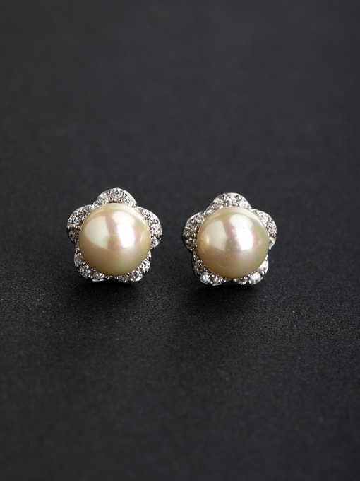 Lin Liang Bling bling Zircon Imitation pearls 925 silver Stud earrings 0
