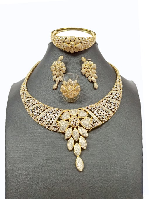 Tabora GODKI Luxury Women Wedding Dubai Copper With Gold Plated Fashion Leaf 4 Piece Jewelry Set
