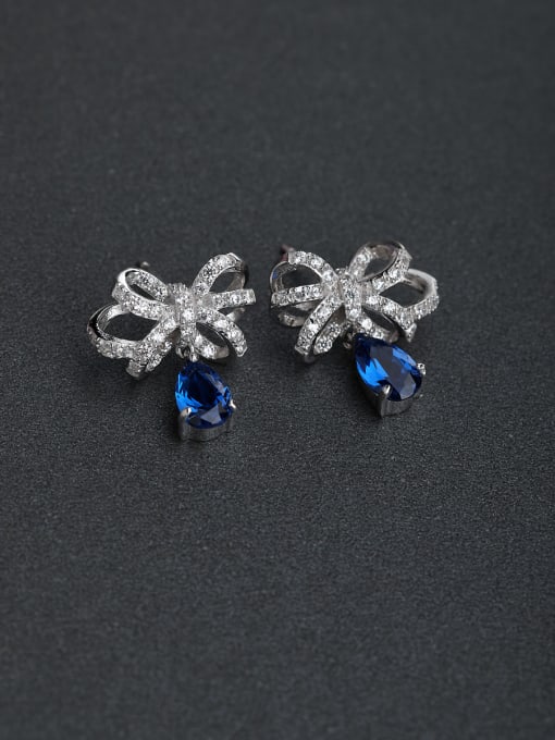 Lin Liang Elegant Micro inlay Zircon bow-knot Blue semi-precious stones 925 silver Stud earrings 0