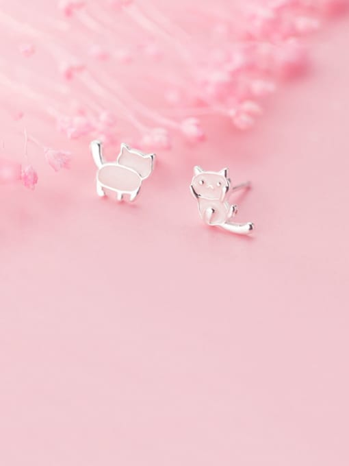 Rosh 925 Sterling Silver With Platinum Plated Cute Asymmetrical Pink Kitten Stud Earrings